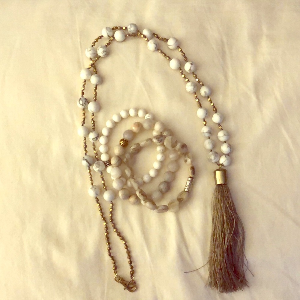 Marble White Tassel Necklace & 3 Bead Bracelets ✨